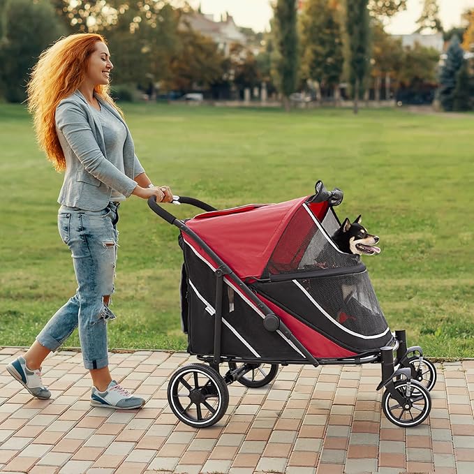 Dog Stroller for Medium/Large Dogs One-Click Folding, Extra Large Pet Stroller for 2 Dogs with Storage Pocket &amp; Shock Absorption, Up to 130 lbs, Red