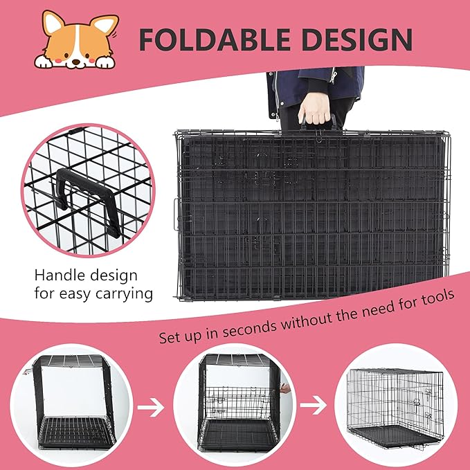 FDW Extra Large Dog Crate Dog Kennel Cage with Double Door,48 inch Folding Metal Wire Dog Cage with Removable Tray&amp;Divider Panel,Pet Crate for Large Dogs,Black
