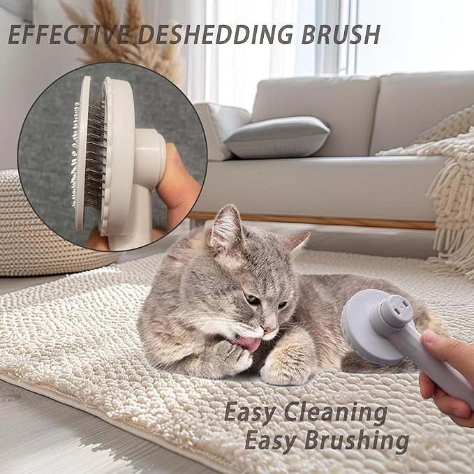 Cat Grooming Brush Kit 6 Tools - Deshedding &amp; Dematting for Long/Short Hair, Self-Cleaning Slicker Brush with 6-in-1 Flea Comb for Cats &amp; Kittens (White)