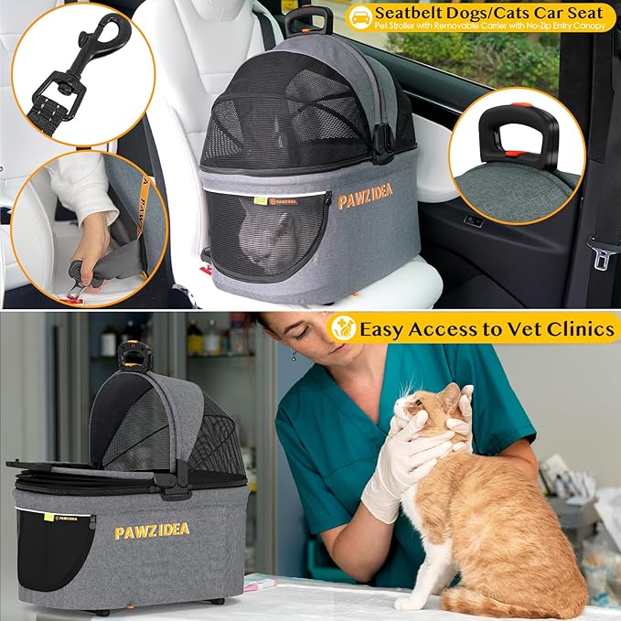 PAWZIDEA Double Pet Stroller with 2 Detachable Carriers, Portable Dog Crate for Car Travel &amp; TSA-Approved Expandable Cat Carrier, Foldable Lightweight Jogger Stroller for 2–4 Cats or Small/Medium Dogs