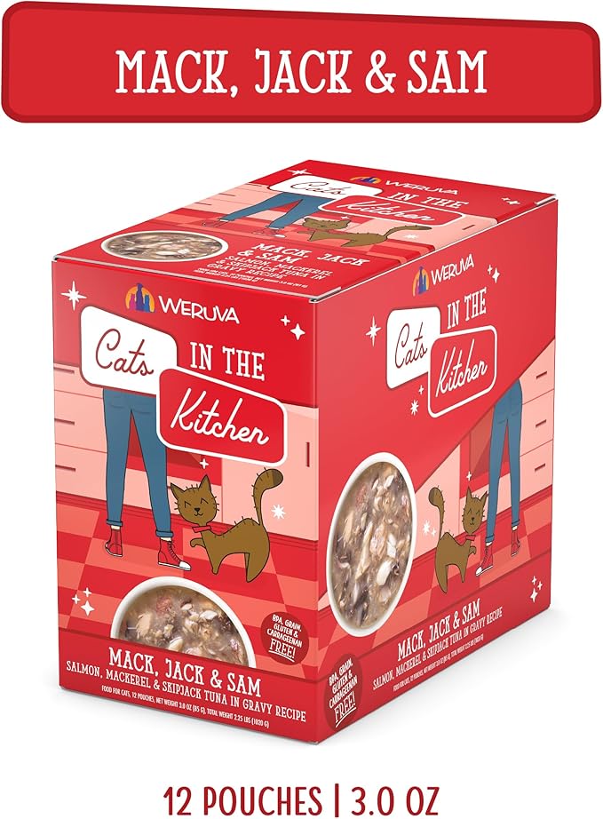 Weruva Cats in The Kitchen Mack, Jack &amp; Sam with Mackerel, Skipjack &amp; Salmon in Gravy Cat Food, 3oz Pouch (Pack of 12)