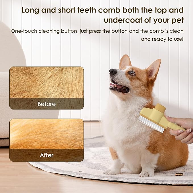 Flea Comb for Cat Hair Removal Comb, 2025 New Self-Cleaning Flea Brush for Cats and Dog, Comfort Cat Hair Removal Tool with Long &amp; Short Stainless Steel Metal Grooming Brush(Yellow)
