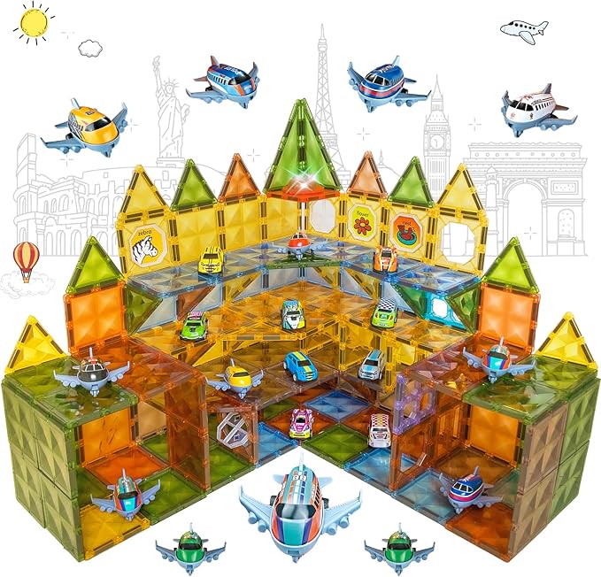 Magnetic Tiles Diamond Series with Lights 4 Pull-Back Metal Cars&amp;7 Airplanes Magnet Tiles Building Block Toy for Kids Educational Construction STEM Toy, Great Gift for Kids Aged 3-8