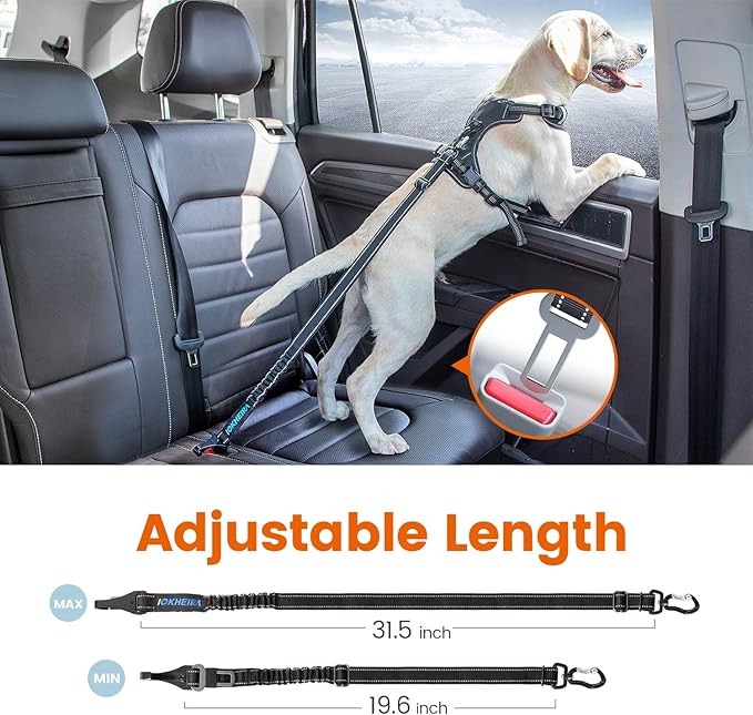 IOKHEIRA Dog Seatbelt, Updated Adjustable Harness Reflective Bungee Dog Car Seat Belt with Aviation Aluminum Alloy Rotatable Carabiner, Hook &amp; Buckle