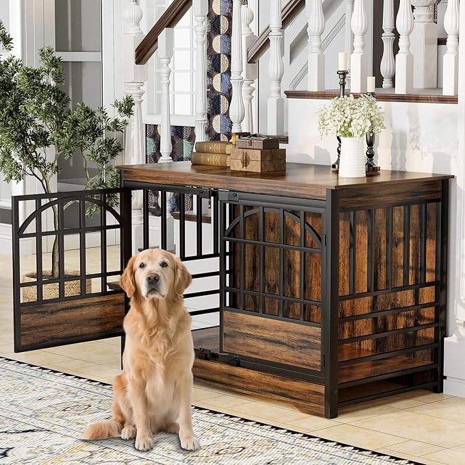 COZPAW 52 Inch Dog Crate Furniture, Extra Large Dog Kennel Indoor for XLarge Breed, Heavy Duty Dog Cage with Double Elegant Arched Doors, Decorate as TV Stand &amp; End Table-Retro Brown