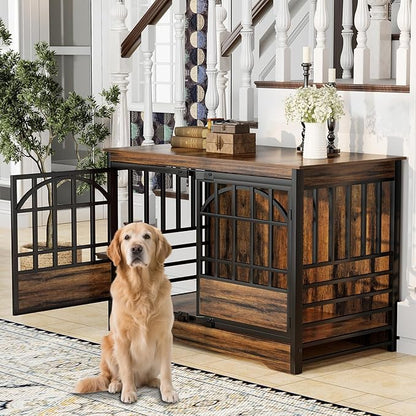 COZPAW 52 Inch Dog Crate Furniture, Extra Large Dog Kennel Indoor for XLarge Breed, Heavy Duty Dog Cage with Double Elegant Arched Doors, Decorate as TV Stand &amp; End Table-Retro Brown