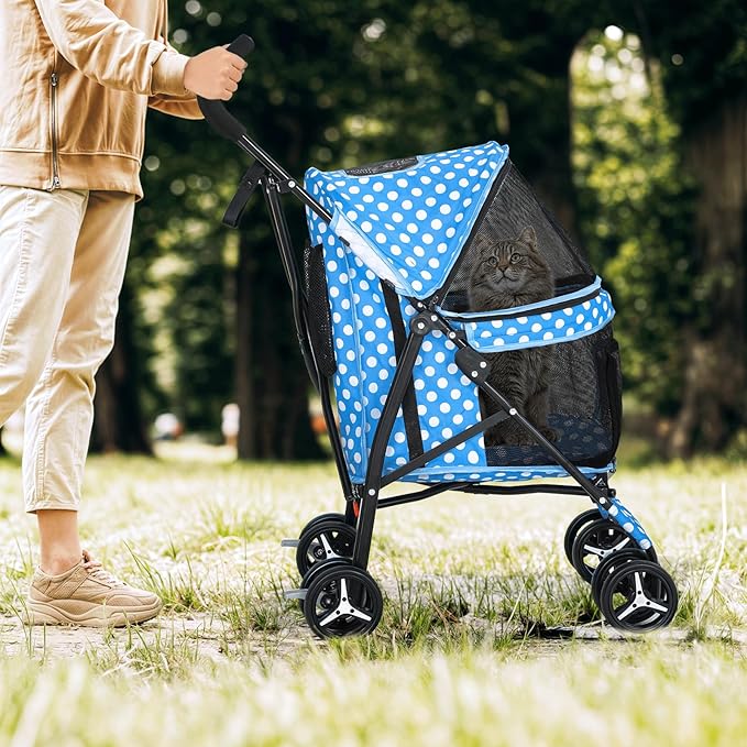 Magshion Compact Pet Stroller for Small-Medium Dogs/Cats up to 22lbs, 4-Wheel Lightweight Umbrella Shaped Portable Puppy Travel Jogger with Breathable Mesh &amp; Rear Storage, Sky Blue Polka Dots