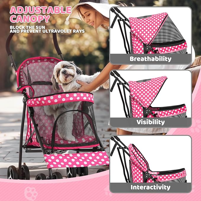 Magshion Compact Pet Stroller for Small-Medium Dogs/Cats up to 22lbs, 4-Wheel Lightweight Umbrella Shaped Portable Puppy Travel Jogger with Breathable Mesh &amp; Rear Storage, Pink Polka Dots