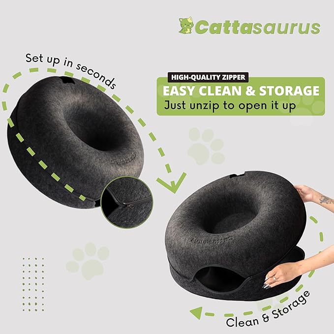 CATTASAURUS Peekaboo Cat Cave for Multiple &amp; Large Cats Up to 30-45 Lbs, Scratch Detachable &amp; Washable Tunnel Bed, Comfy Donut Cat Cave (Light Gray + Dark Gray, Large)