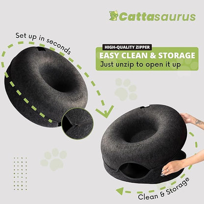 CATTASAURUS Peekaboo Cat Cave for Multiple &amp; Large Cats Up to 30-45 Lbs, Scratch Detachable &amp; Washable Tunnel Bed, Comfy Donut Cat Cave (Light Gray + Dark Gray, Large)