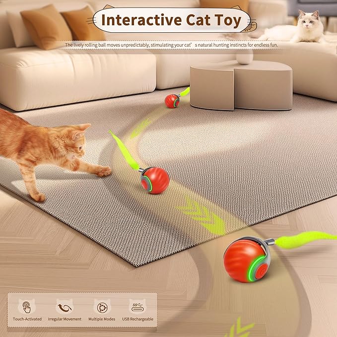 Speedy Tail 2.0 Interactive Cat Toy – Smart Self-Rolling Cat Ball with Feather Tail, Automatic Moving Motorized Toy for Indoor Cats, Chasing &amp; Hunting Fun (Orange)