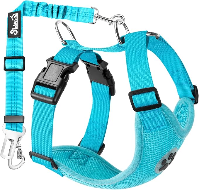Lukovee Dog Seat Belt for Car, Adjustable Dog Car Harness for Large Medium Small Dogs, Soft Padded &amp; Breathable Mesh Dog Seatbelt with Car Strap and Carabiner(Light Blue Double Clip,XXX-Small)