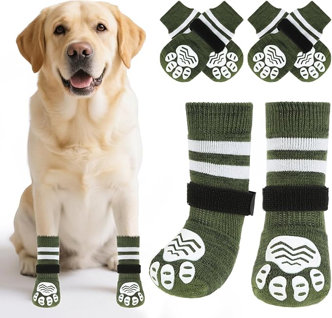 PUPTECK Non-slip Dog Socks to Prevent Licking Paws, Double Sides Dog Boots &amp; Paw Protectors Booties Traction on Hardwood Floors Hot Pavement with Grippers, for Small Medium Large Senior Dogs, Green XL