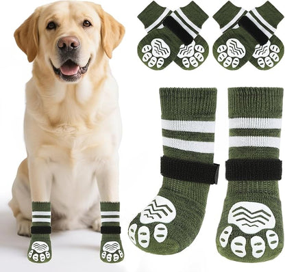PUPTECK Non-slip Dog Socks to Prevent Licking Paws, Double Sides Dog Boots &amp; Paw Protectors Booties Traction on Hardwood Floors Hot Pavement with Grippers, for Small Medium Large Senior Dogs, Green XL
