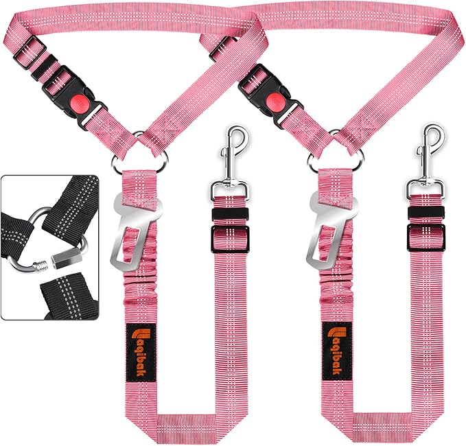 Removable Dog Seat Belt Harness for Car, 3 in 1 Pet Dog Car Seatbelt Leash, Retractable Restraint Secures to Vehicle Headrest &amp; Adjustable Reflective Bungee Dog Seatbelt Tether, Pink