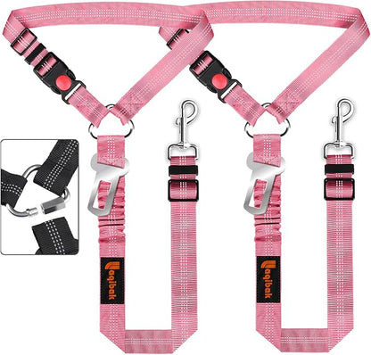 Removable Dog Seat Belt Harness for Car, 3 in 1 Pet Dog Car Seatbelt Leash, Retractable Restraint Secures to Vehicle Headrest &amp; Adjustable Reflective Bungee Dog Seatbelt Tether, Pink