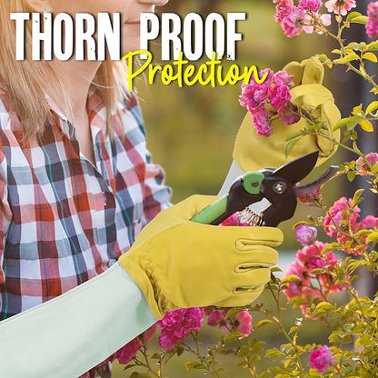 HANDLANDY Rose Gloves for Men &amp; Women, Long Leather Gardening Gloves Thorn Proof, Best Garden Gifts &amp; Tools for Gardener (Yellow-beige, Small (Pack of 1))