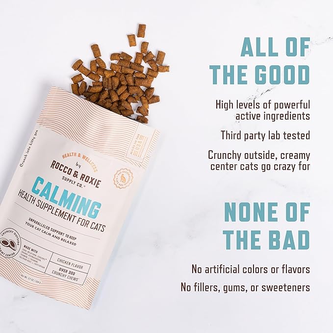 Rocco &amp; Roxie Cat Calming Treats with Melatonin for Cats, Stress and Anxiety Relief, Keep Calm for Grooming, Travel, or Vet Visits, Aid Sleep with Organic Ashwagandha and GABA, Chicken Flavored Chews