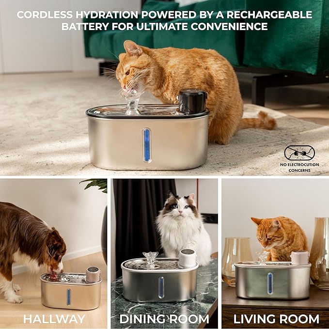 Wireless Cat Water Fountain Stainless Steel, 5200mAh Battery, Ultra Quiet, Automatic Pet Water Dispenser, 108oz/3.2L, Two Flow Modes, BPA-Free, Multi-Filtration, Includes 2 Filters - White