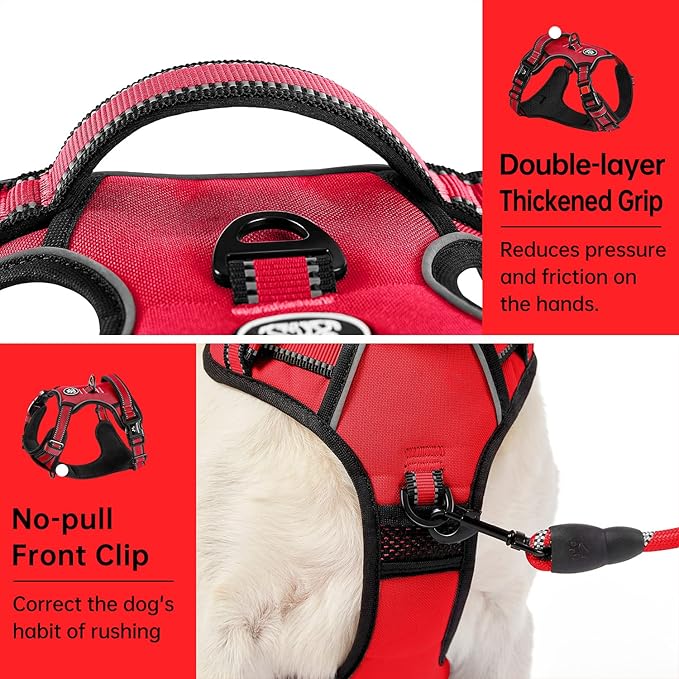 IVY&amp;LANE No Pull Dog Harness for Large Dogs, Dog Vest Harness with Leash, Safety Belt and Storage Strap, Fully Adjustable Harness, 360° Reflective Strip, Soft Handle (Red, L)