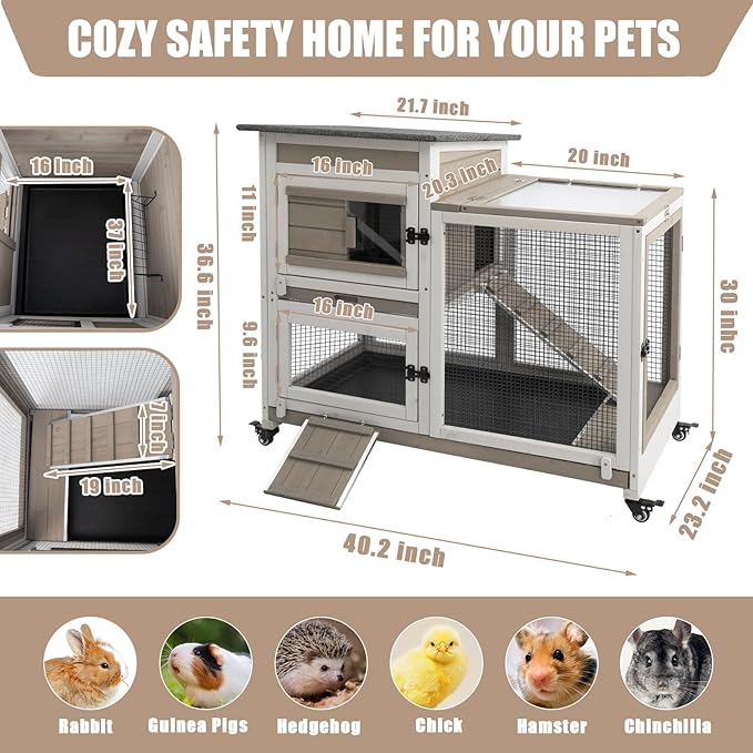 Rabbit Hutch Indoor 40" L Large 2 Story Outdoor Wooden Bunny Hutch with Run, 4 Metal Wheels &amp; 2 Deeper Trays, UV-Proof Panel Rabbit Cage Guinea Pig Pet House for Small-Medium Animals