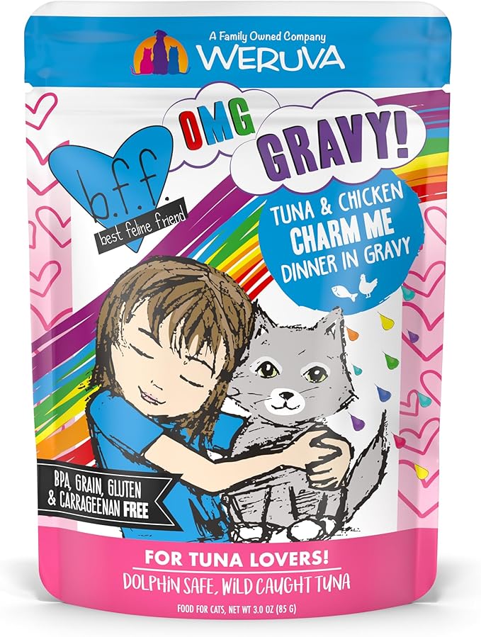 Weruva B.F.F. OMG - Best Feline Friend Oh My Gravy! Tuna &amp; Chicken Charm Me with Tuna &amp; Chicken in Gravy Cat Food, 3oz Pouch (Pack of 12)