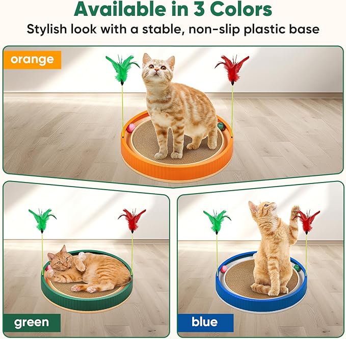 20-Inch Round Cat Scratcher with Ball Track – 3-in-1 Cardboard Scratching Pad with Feather Toy &amp; Non-Slip Base – Interactive Cat Toy for Indoor Cats, Kittens &amp; Large Cats (Green)