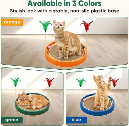 20-Inch Round Cat Scratcher with Ball Track – 3-in-1 Cardboard Scratching Pad with Feather Toy &amp; Non-Slip Base – Interactive Cat Toy for Indoor Cats, Kittens &amp; Large Cats (Green)