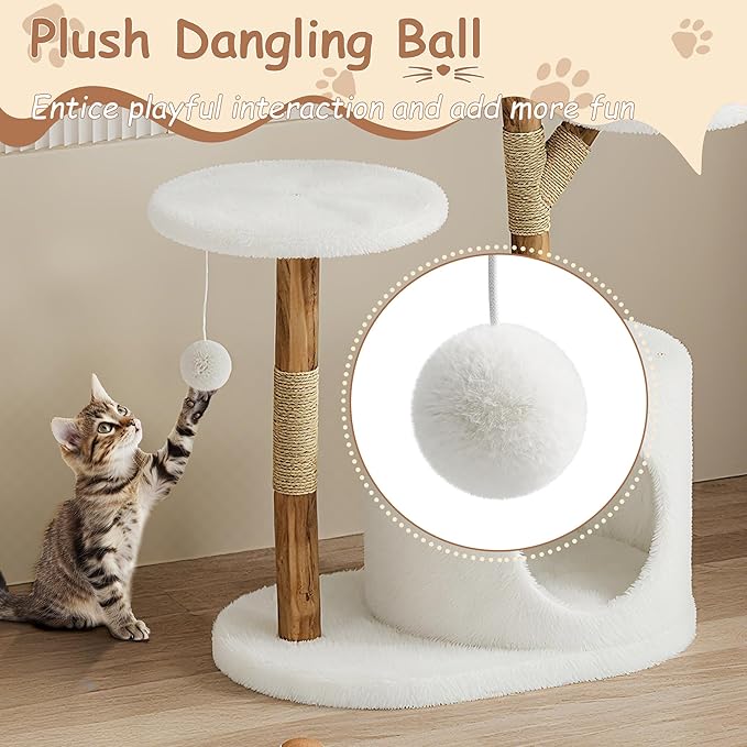 Modern Wood Cat Tree Tower for Large Cats | Luxury Solid Pear Wood Condo with Platforms, Scratching Posts &amp; All-Season Mats, 43" Aesthetic Cat Furniture, 1 Branch