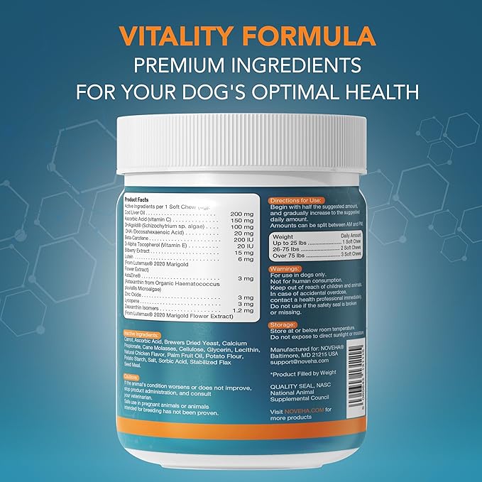NOVEHA Eye Supplement for Dogs (90 Chews)- Vision Support with Lutein + Vitamin C &amp; Astaxanthin Antioxidants - Dog Vitamins for Eyes + Fish Oil for Omega 3 EPA - Made in USA
