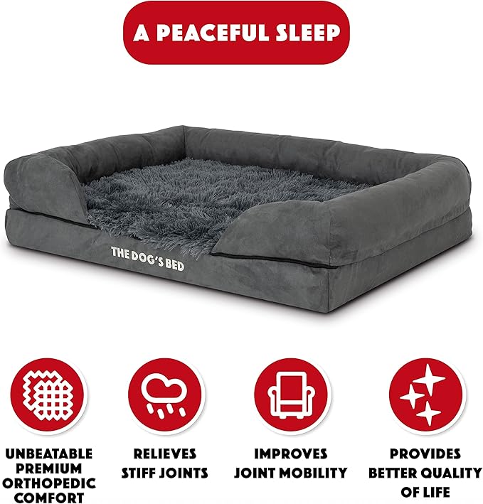 The Dog’s Bed, Medium Grey Faux Fur 30x23.5, Memory Foam, Pain Relief: Arthritis, Hip &amp; Elbow Dysplasia, Post Surgery, Lameness, Supportive, Calming, Washable Cover, Veterinary Approved