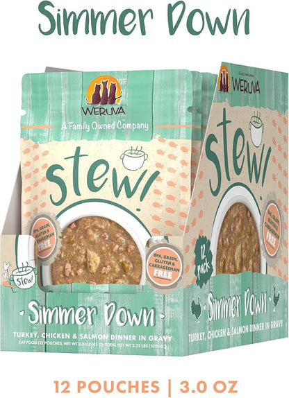 Weruva Classic Cat Stews!, Simmer Down with Turkey, Chicken &amp; Salmon in Gravy, 3oz Pouch (Pack of 12)
