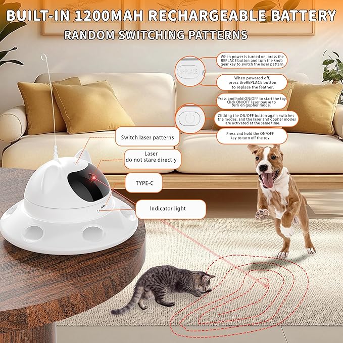 Cat Laser Toy,3-in-1Interactive Cat Toys Automatic Cat Toy with 360° Random Laser &amp; Interactive Feather - 5 Laser PatternsUSB Rechargeable Motion Activated Moving - Fun Toys for Indoor Cats &amp; Kittens