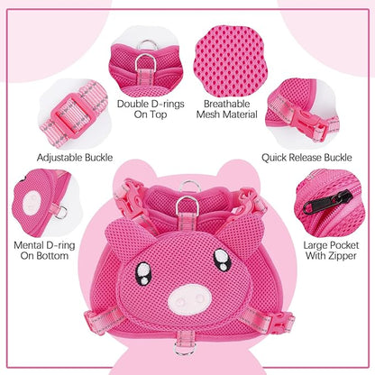 IDOMIK Dog Backpack Harness, No-Pull Dog Backpack with D-Ring for Small Medium Dogs, Cute Self Carrier Backpack for Dogs to Wear, Adjustable Dog Harness Backpack for Traveling Camping Hiking,Pig,XS