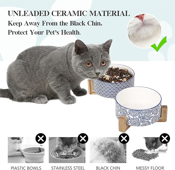 Selamica Ceramic 14 OZ Dog Bowls, Dog Food and Water Bowls with Wooden Stand, Anti-Slip Dog Dishes Set for Cats &amp; Small Dogs, Weighted Pet Bowls Set of 2, Vintage Blue B