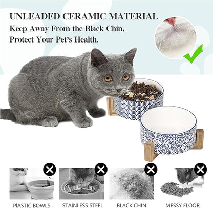 Selamica Ceramic 14 OZ Dog Bowls, Dog Food and Water Bowls with Wooden Stand, Anti-Slip Dog Dishes Set for Cats &amp; Small Dogs, Weighted Pet Bowls Set of 2, Vintage Blue B