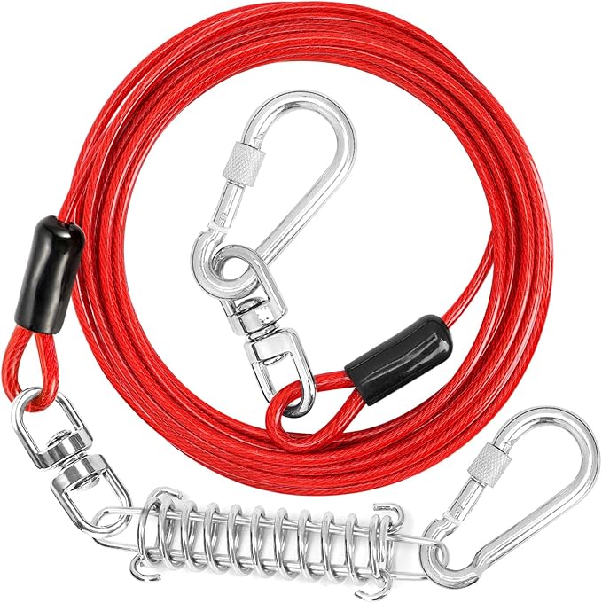 Jenico Dog Tie Out Cable, 10-150FT Runner Cable with Swivel Hook and Shock Spring, Yard &amp; Camping Dog Leash Tether for Small to Medium Pets Up to 500 LBS