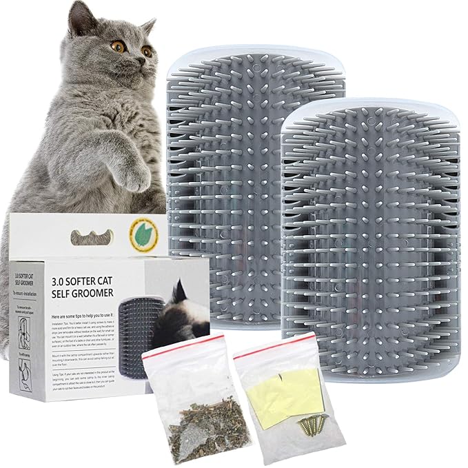 2 PACK Cat Self Grooming Corner Scratcher with Catnip, Massage Comb Brush for Long &amp; Short Fur