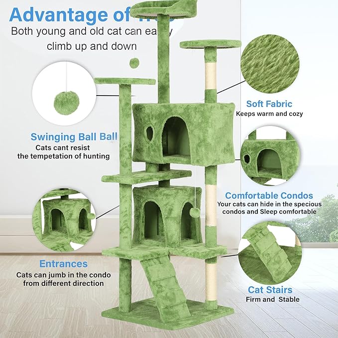 FDW Cat Tree 70in Cat Tower Multi-Level Durable Cat Scratching Post &amp; Cozy Fun Cat Jumping Platform Space Saving Cat Condo Pet Play House for Indoor Cats,Green