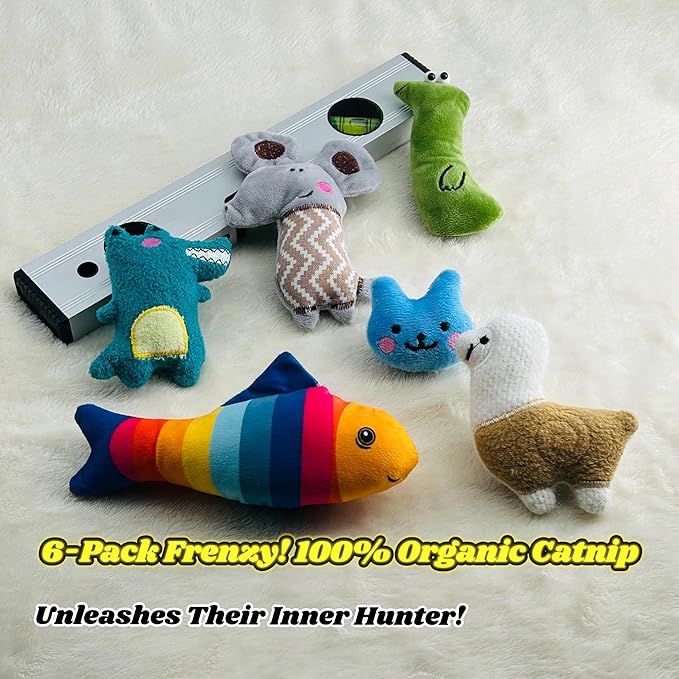 Catnip Toys for Indoor Cats - 6 Pack Organic Plush Kicker Toys, Bite-Resistant Cute Funny Toys for Play &amp; Enrichment from Kittens to Senior Cats
