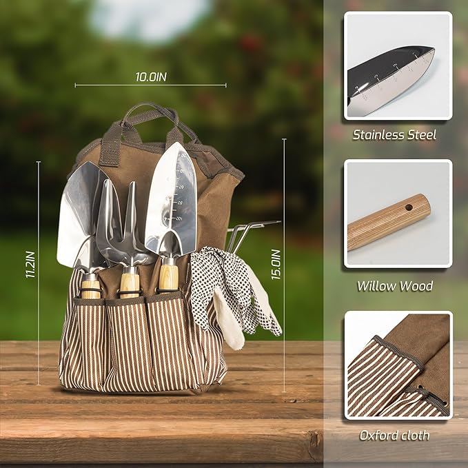 13-Piece Garden Tools Set with Tote Bag &amp; Apron, Repotting Mat - Stainless Steel Heavy Duty Planting Kit, Ergonomic Non-Slip Handles - Gardening Gift for Women, Mom, Home Gardeners