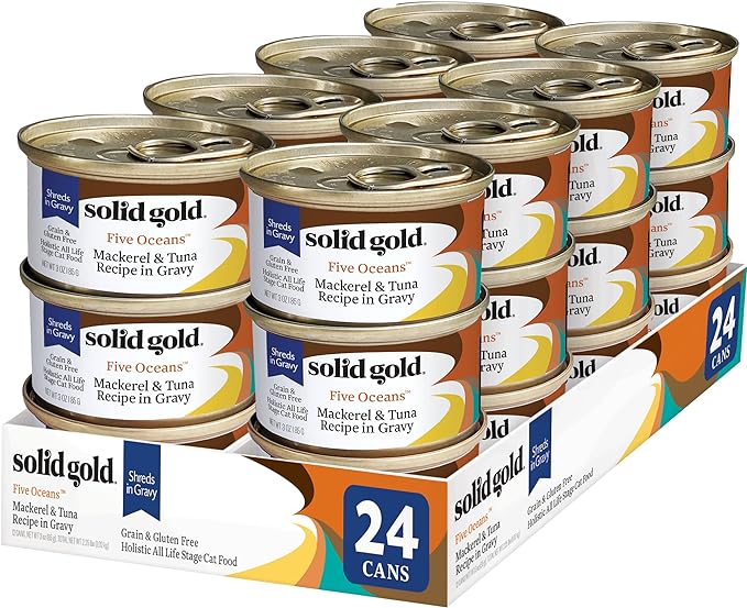 Solid Gold Five Oceans Holistic Grain Free Wet Cat Food, Mackeral &amp; Tuna in Gravy, All Life Stages, 3oz Can, 24 Count (Packaging May Vary)