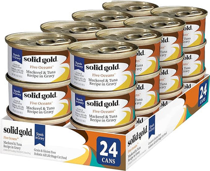 Solid Gold Five Oceans Holistic Grain Free Wet Cat Food, Mackeral &amp; Tuna in Gravy, All Life Stages, 3oz Can, 24 Count (Packaging May Vary)