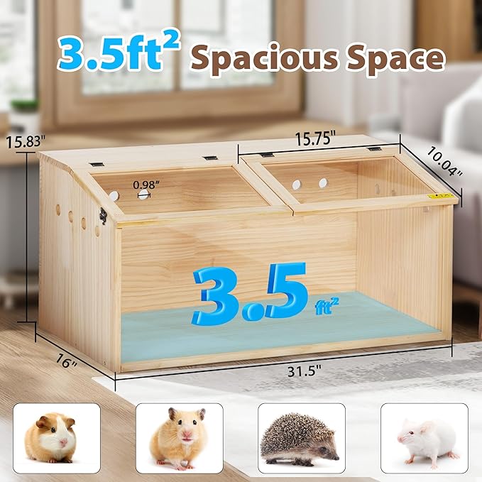 COZIWOW Wooden Hamster Cage, Large Hamster Habitats Enclosure with Acrylic Window &amp; Openable Top, (32" L x 16" W x 16" H) Small Animal Cage for Guinea Pig, Chinchilla, Gerbil