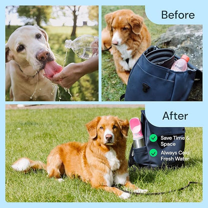 MalsiPree Insulated Dog Water Bottle - 24 Oz, Pink - Leak-Proof Stainless Steel Portable Travel Dispenser &amp; Bowl