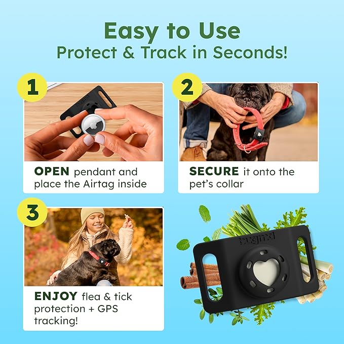 BugMD Paw Guardian Flea and Tick Prevention Pendant for Dogs with AirTag Holder | Plant-Powered Flea &amp; Tick Control for Dog Collars Harnesses | Dog Tag with Air Tag Holder - Black