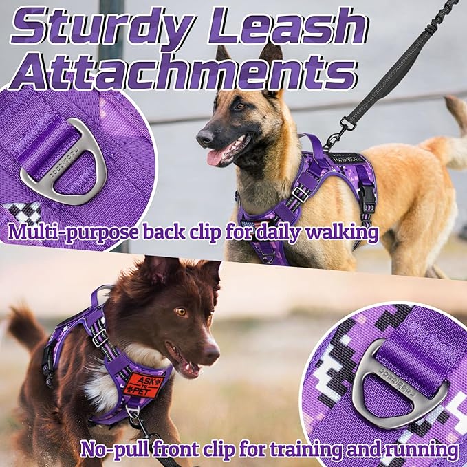 rabbitgoo Tactical Dog Harness for Large Dogs, No Pull Military Service Vest with Handle &amp; Molle, Easy Control for Training Walking, Adjustable Reflective Straps, Purple Camo, L