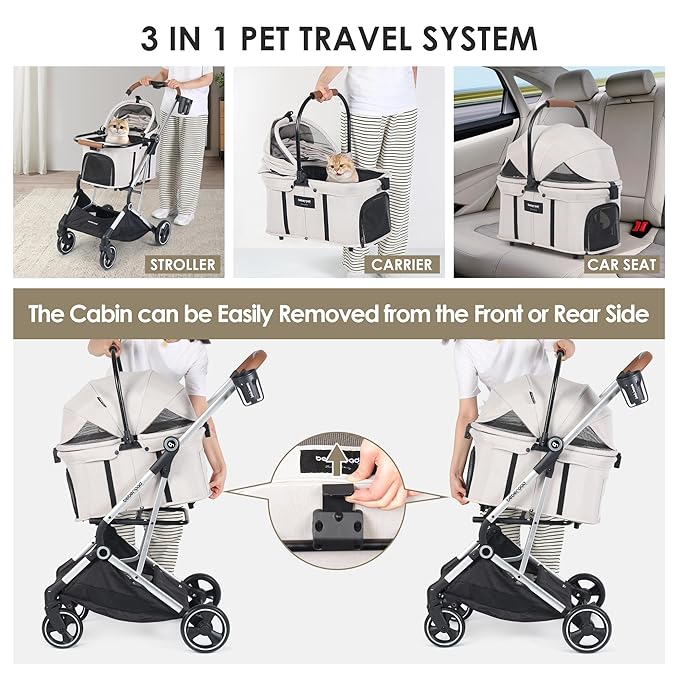 T3 Pro 3-in-1 Pet Stroller for Small Dogs &amp; Cats – Foldable, Lightweight with Detachable Carrier, 180° Canopy &amp; Cup Holder (Beige)