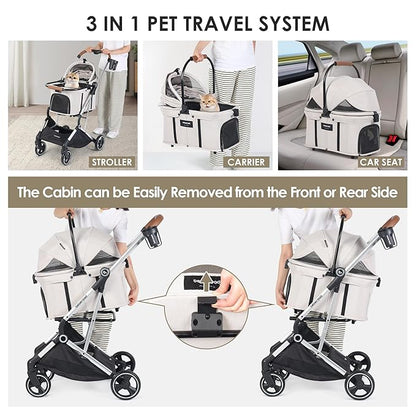 T3 Pro 3-in-1 Pet Stroller for Small Dogs &amp; Cats – Foldable, Lightweight with Detachable Carrier, 180° Canopy &amp; Cup Holder (Beige)