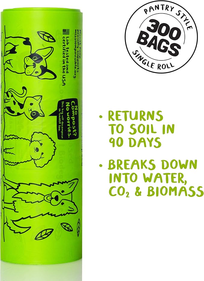 PLANET POOP Home Compostable Dog Poop Bags, Large Single Roll 300 Grab &amp; Go, for Dogs Un-Scented Dog Waste Bags, Thick Leakproof Doggy Cat Bag, Plant-Based Pet Supplies